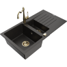 Mexen Matias 1,5-miskový granitový dřez s odkapávačem a kuchyňskou baterií Carla, Černá/Zlatá kovová - 6502-75-670700-50