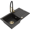 Mexen Pablo 1-miskový granitový dřez s odkapávačem a kuchyňskou baterií Aster, Černá/Zlatá kovová - 6510-75-73450-57-G