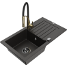 Mexen Pablo 1-miskový granitový dřez s odkapávačem a kuchyňskou baterií Aster, Černá/Zlatá kovová - 6510-75-73450-57-B