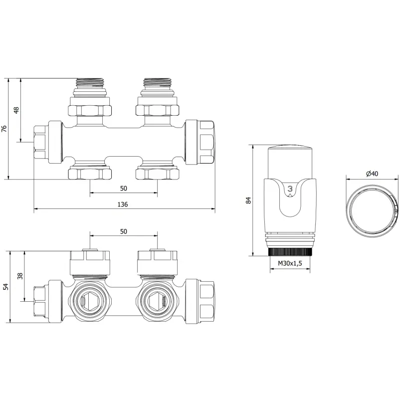 Mexen G00 termostatická sada úhlová/přímá, Duplex, DN50, chrom - W908-900-01