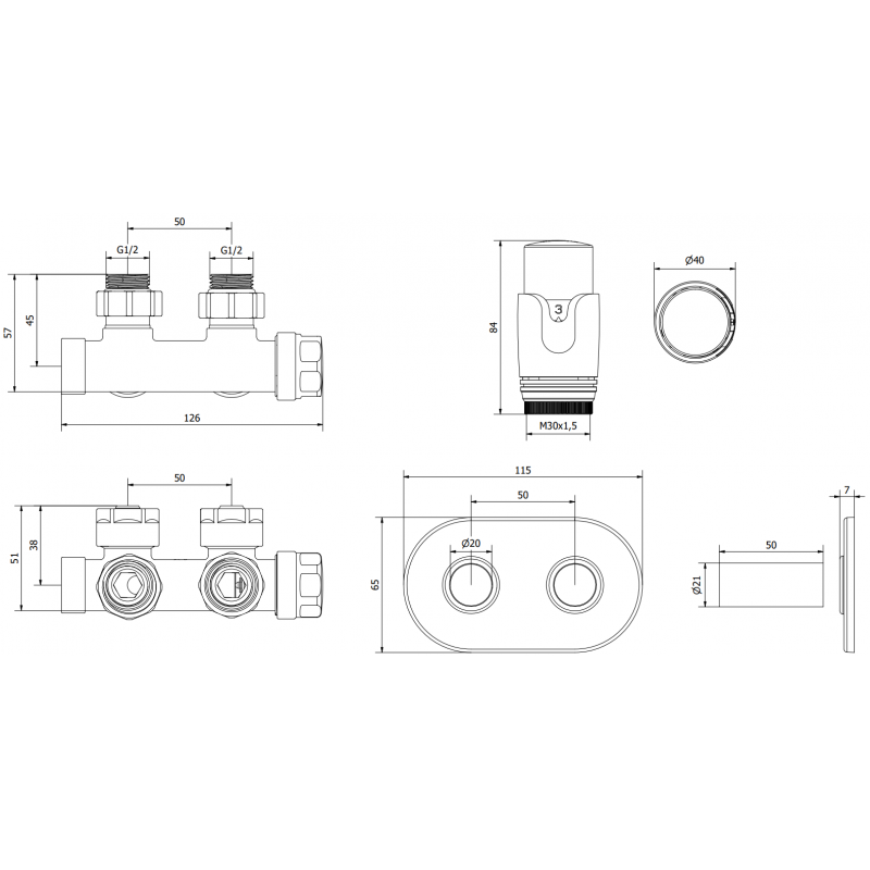 Mexen G00 termostatická sada rohová s krytem R, Duplex, DN50, černá - W907-900-905-70