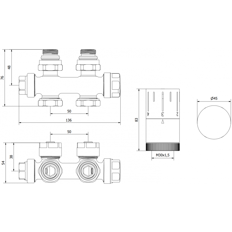 Mexen G05 termostatická sada rohová/přímá, Duplex, DN50, černá - W908-958-70