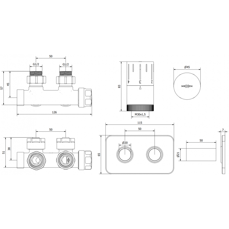 Mexen G05 sada termostatická úhlová s krytem S, Duplex, DN50, černý - W907-958-910-70