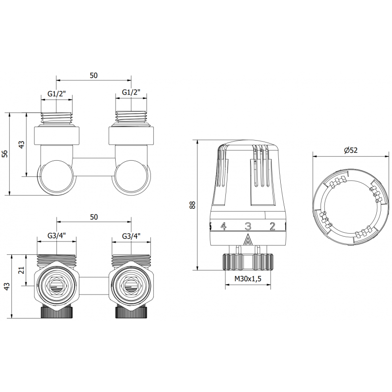 Mexen G01 dvoutrubková termostatická sada DN50, úhlová 1/2"x3/4", nikl - W911-012-918-01