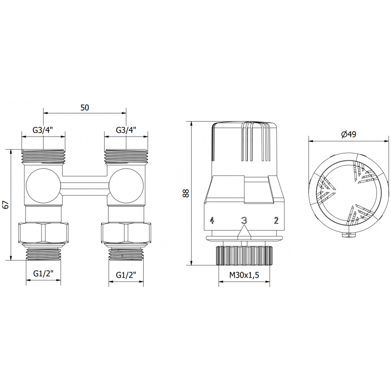 Mexen G02 termostatická sada dvoutrubková DN50, rovná 1/2"x3/4", nikl - W912-012-928-01