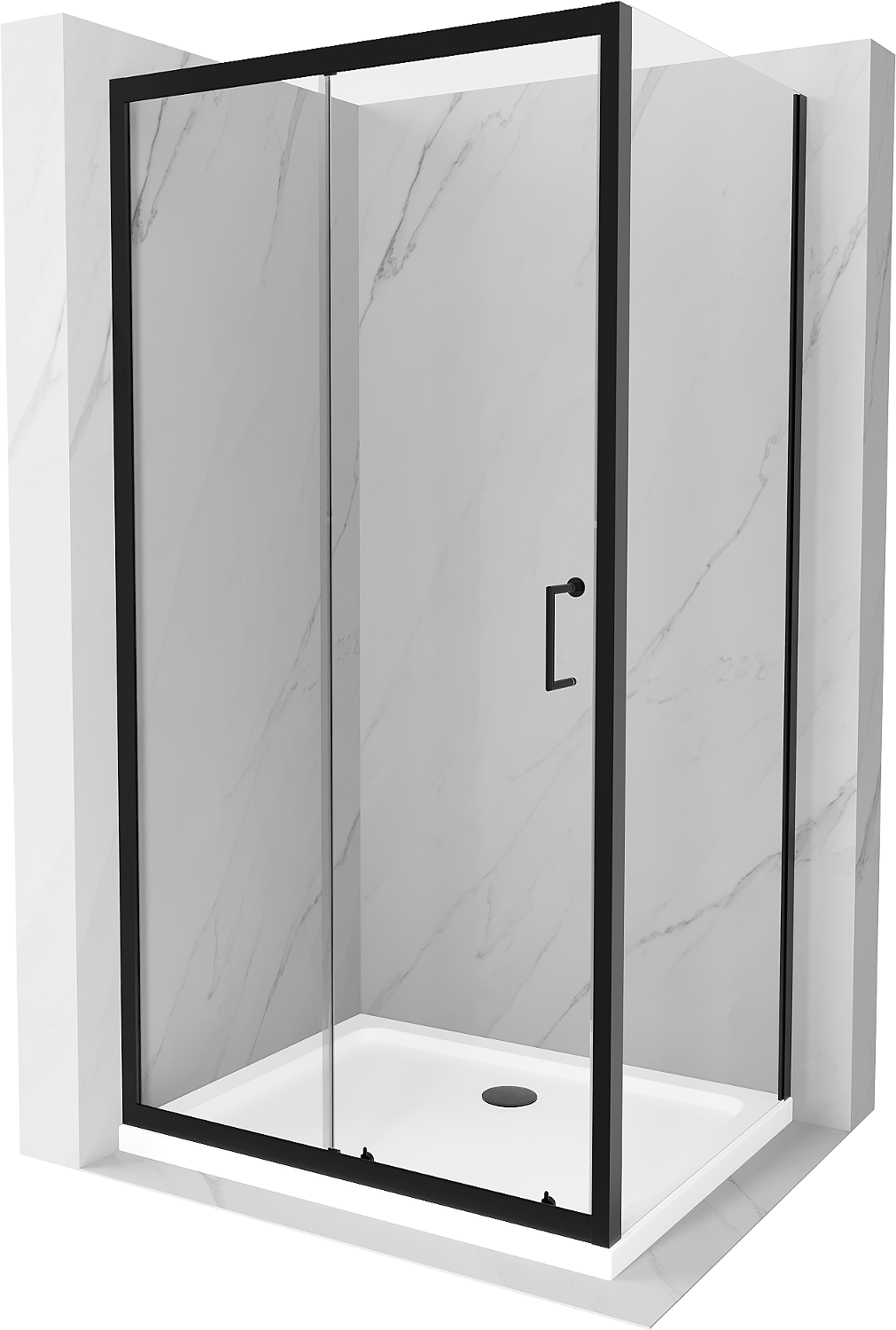 Mexen Apia rozsouvací sprchový kout 140 x 100 cm, Průhledné, Černá + sprchová vanička Flat, Bílá- 840-140-100-70-00-4010B