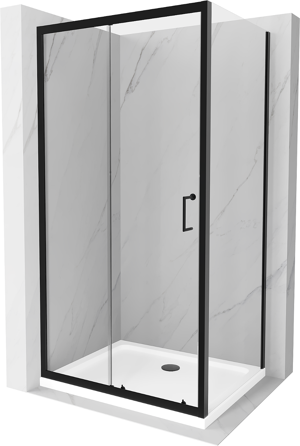 Mexen Apia rozsouvací sprchový kout 130 x 70 cm, Průhledné, Černá + sprchová vanička Flat, Bílá- 840-130-070-70-00-4010B