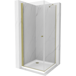 Mexen Pretoria sprchový kout s otočnými dveřmi 70 x 70 cm, Průhledné, Zlatá + sprchová vanička Flat - 852-070-070-50-00-4010