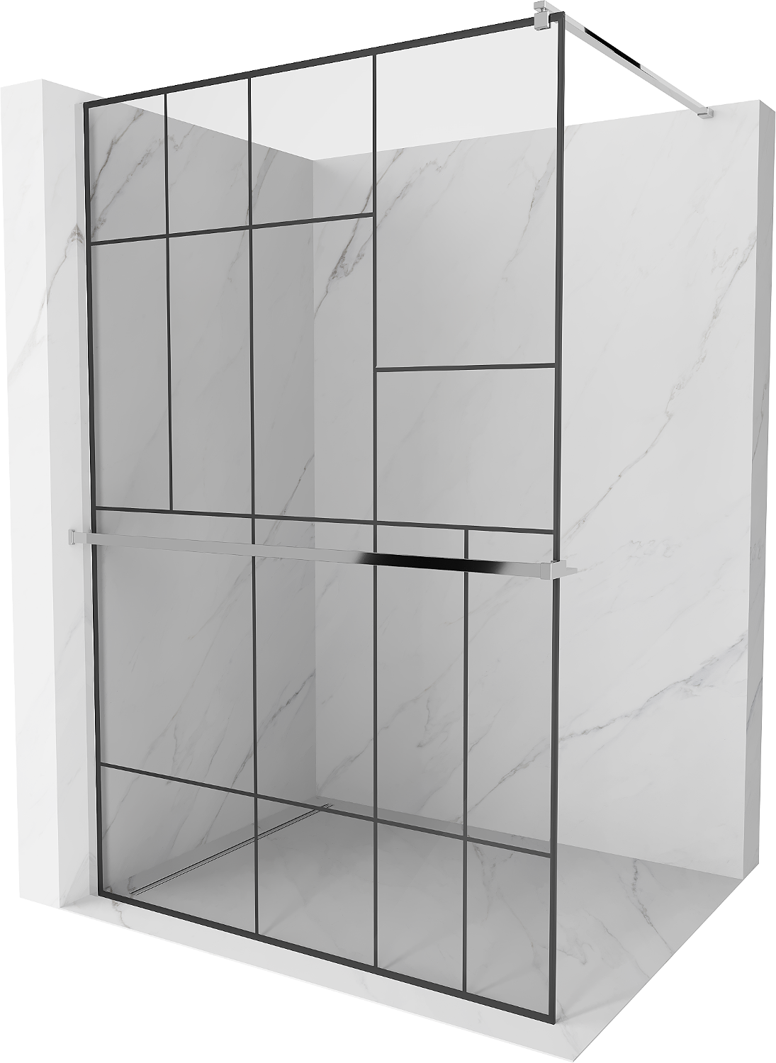 Mexen Kioto+ sprchová zástěna s poličkou a kolejnicí 100 x 200 cm, Průhledné/Černý vzor 8 mm, Chromovaná - 800-100-121-01-78