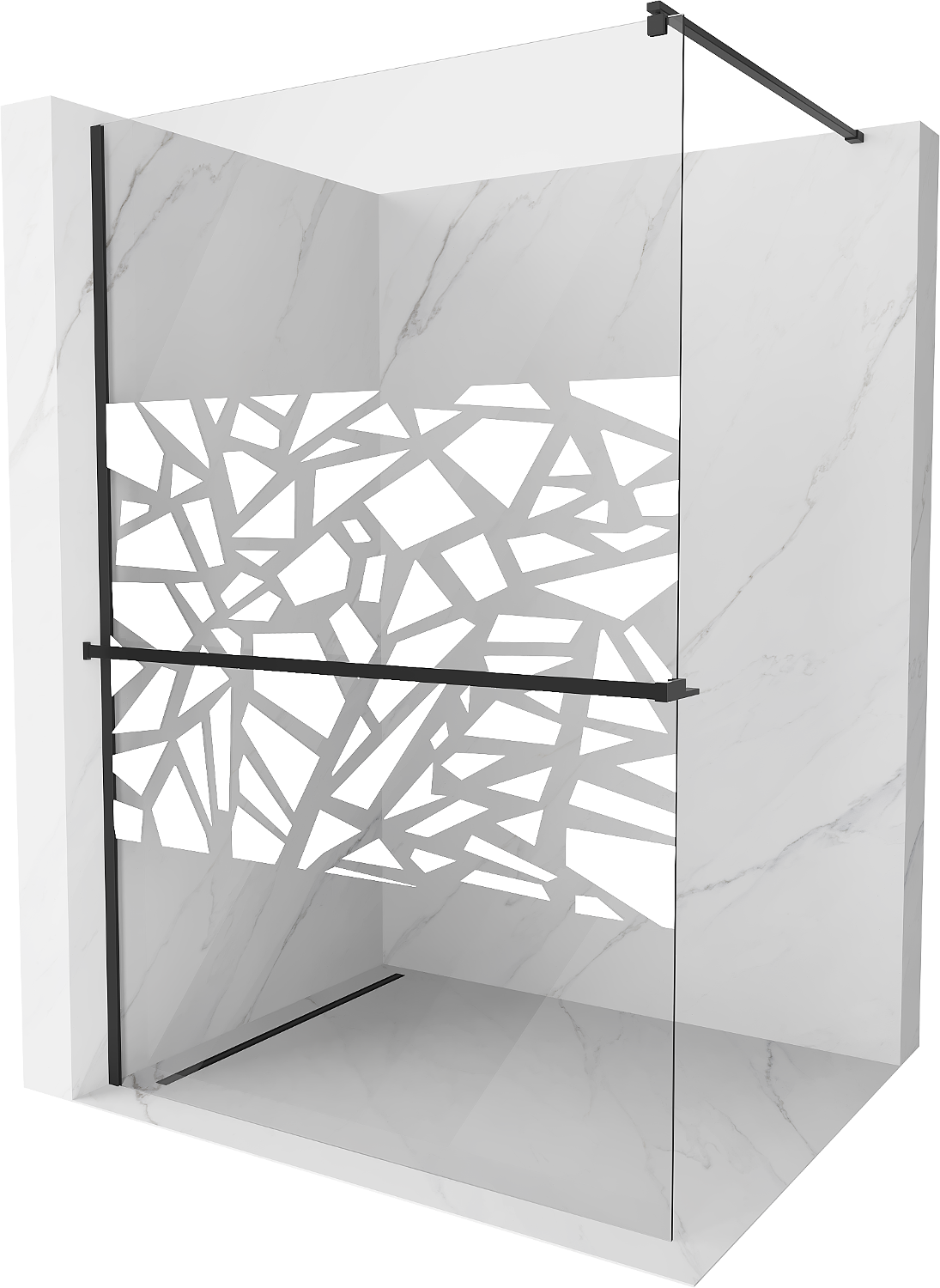 Mexen Kioto+ sprchová zástěna s poličkou a kolejnicí 110 x 200 cm, Průhledné/Bílý vzor 8 mm, Černá - 800-110-121-70-85