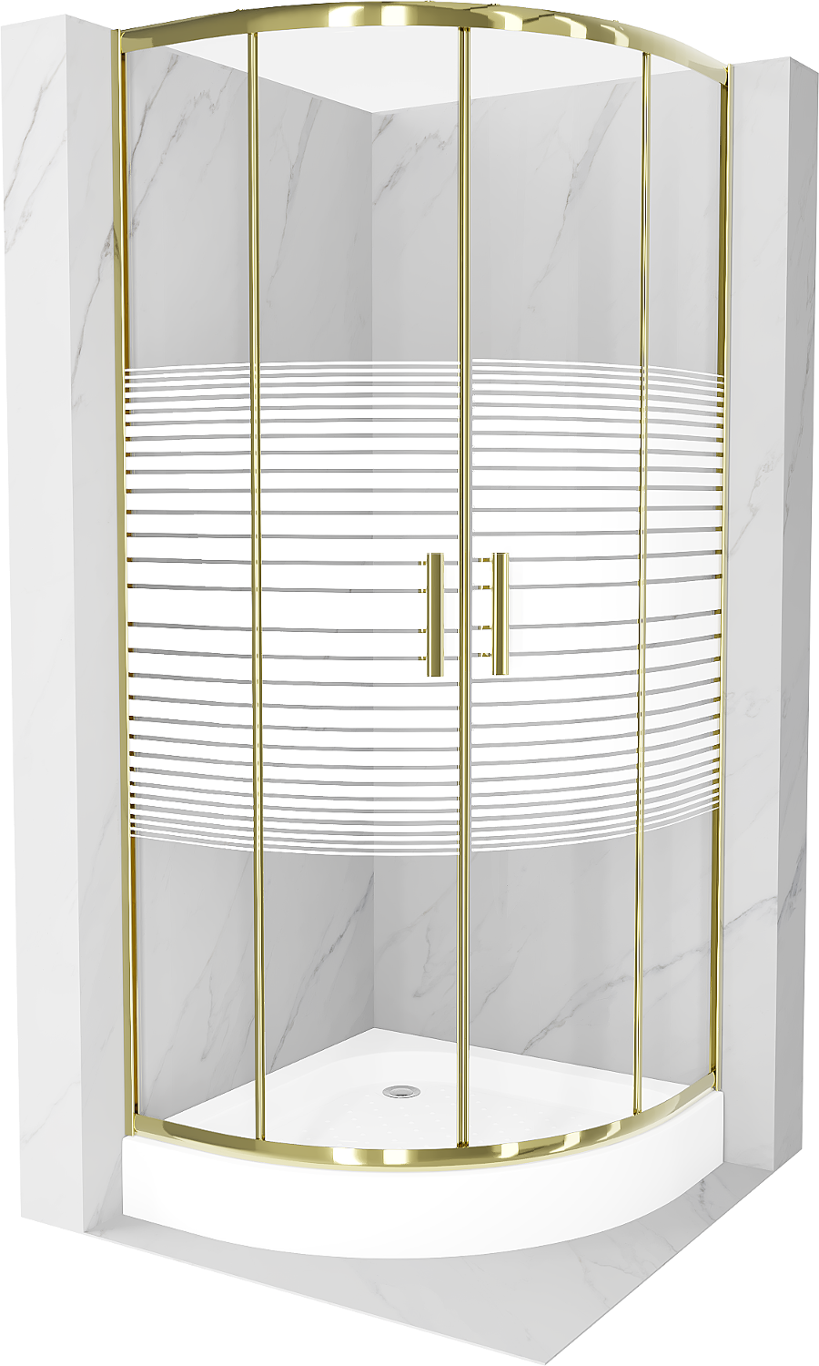 Mexen Rio půlkruhový sprchový kout 90 x 90 cm, Pruhy, Zlatá + sprchová vanička Rio, Bílá - 863-090-090-50-20-4710