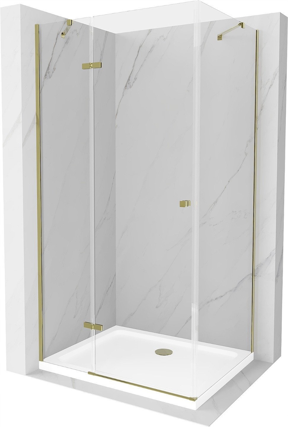 Mexen Roma sprchový kout s otočnými dveřmi 90 x 80 cm, Průhledné, Zlatá + sprchová vanička Flat - 854-090-080-50-00-4010