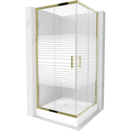 Mexen Rio čtvercový sprchový kout 90 x 90 cm, Pruhy, Zlatá + sprchová vanička Rio, Bílá - 860-090-090-50-20-4510
