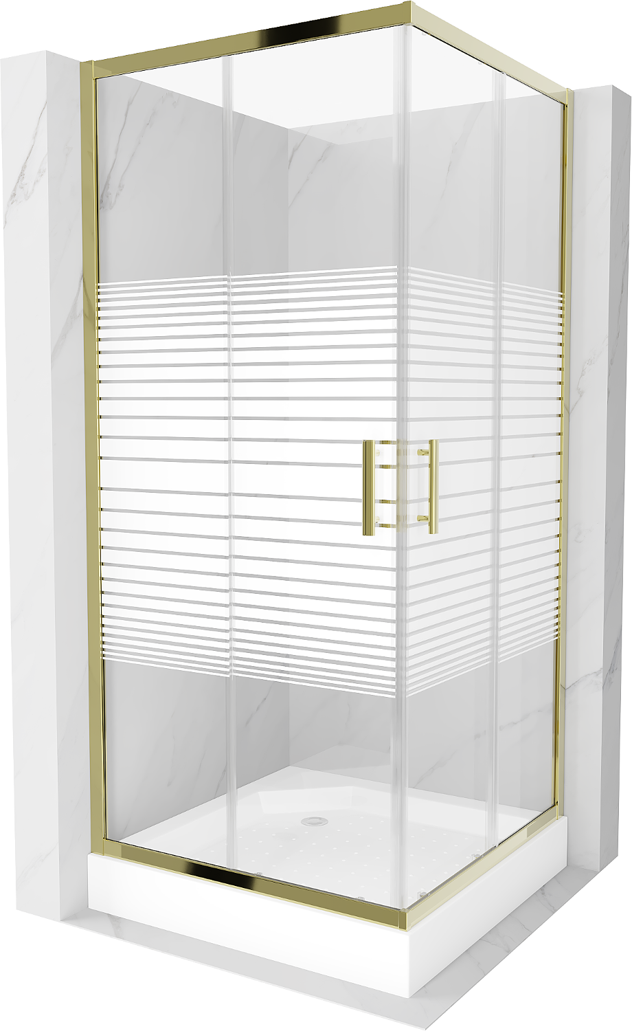 Mexen Rio čtvercový sprchový kout 90 x 90 cm, Pruhy, Zlatá + sprchová vanička Rio, Bílá - 860-090-090-50-20-4510