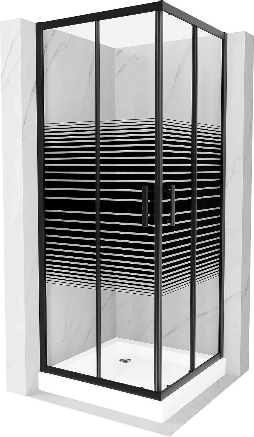 Mexen Rio čtvercový sprchový kout 80 x 80 cm, Pruhy, Černá + sprchová vanička Rio, Bílá - 860-080-080-70-20-4510
