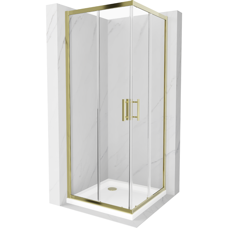 Mexen Rio čtvercový sprchový kout 70 x 70 cm, Průhledné, Zlatá + sprchová vanička Flat, Bílá - 860-070-070-50-00-4010G