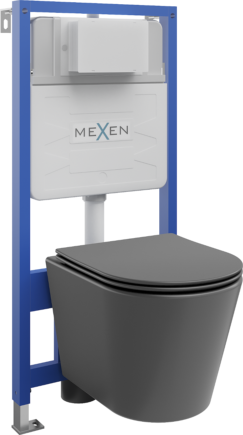 Mexen WC podomítkový set Felix Slim stojan s WC mísou Rico a pomalu padajícím sedátkem, Tmavě matová černá - 61030724071
