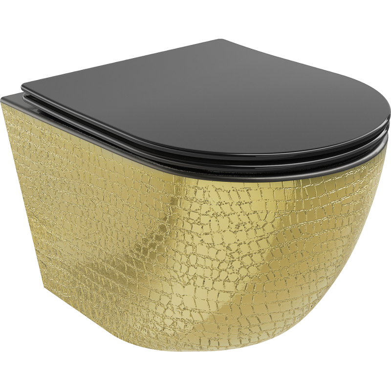 Mexen Lena WC mísa Rimless se sedátkem s pomalým zavíráním slim, duroplast, černá mat/zlatý vzor šupin - 30224078