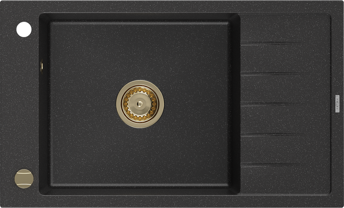 Mexen Elias 1-miskový granitový dřez s odkapávačem 795 x 480 mm, Černá/Stříbrná kovová, sifon Zlatá - 6511791005-73-G